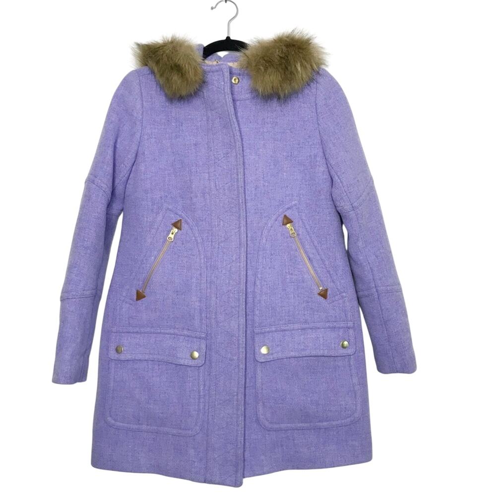 New J Crew Womens 00 Light Purple Chateau Stadium Cloth Parka Faux Fur Trim Wool